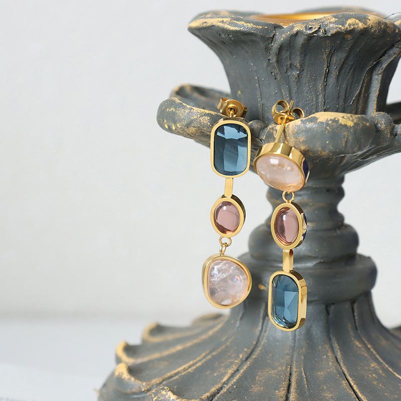 Colored Glass Stainless Steel Drop Earrings
